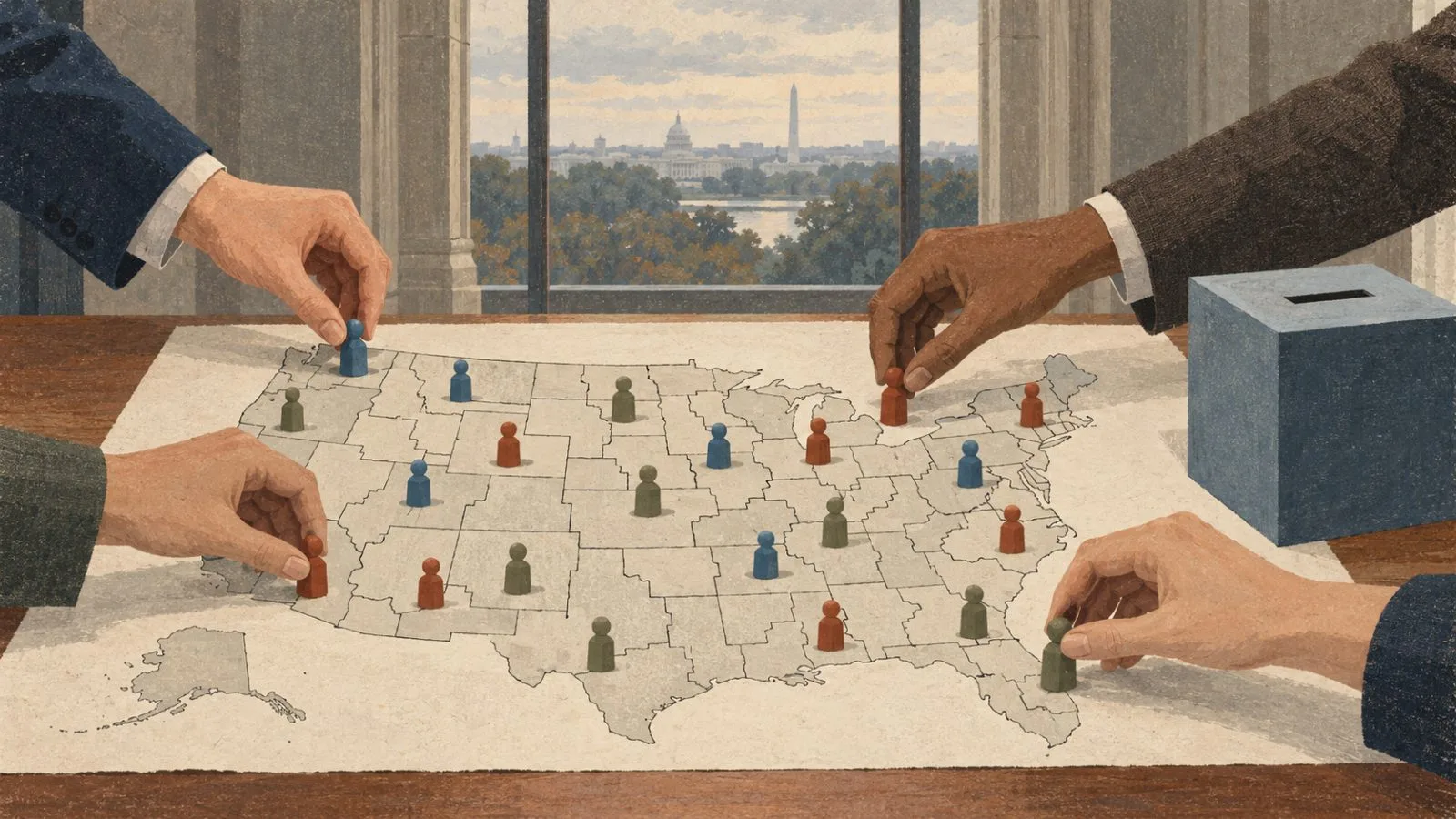 Colored counters are shifted across a paper U.S. map beside a ballot box in Washington, D.C. (AI-generated image / EconoTimes)