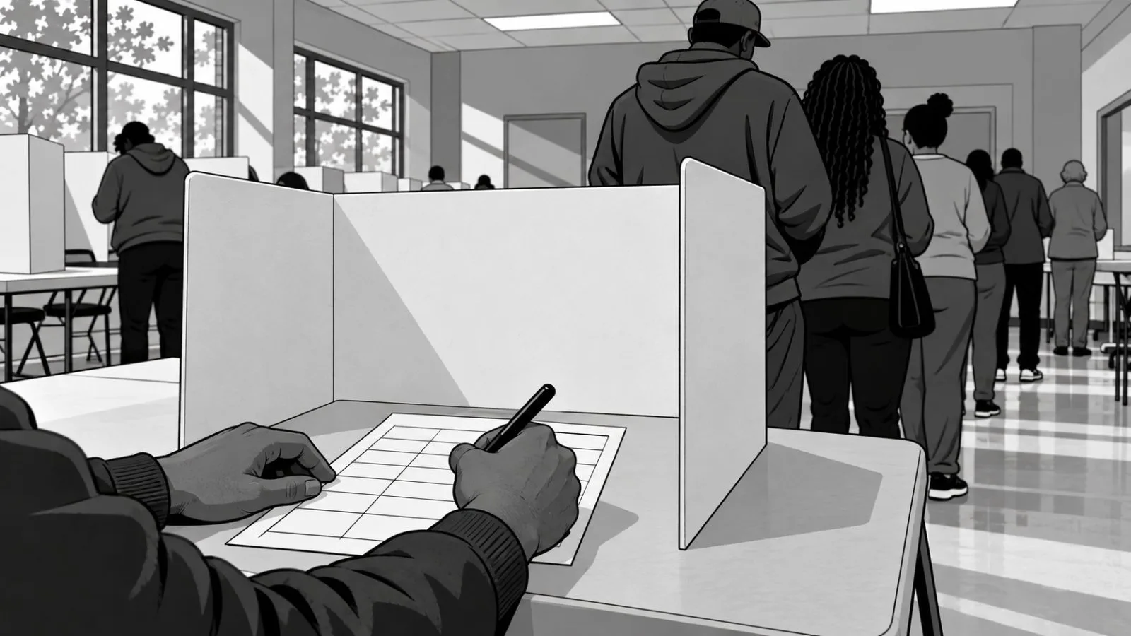 An early voter marks a paper ballot inside a polling station in Atlanta, Georgia. (AI-generated image / EconoTimes)