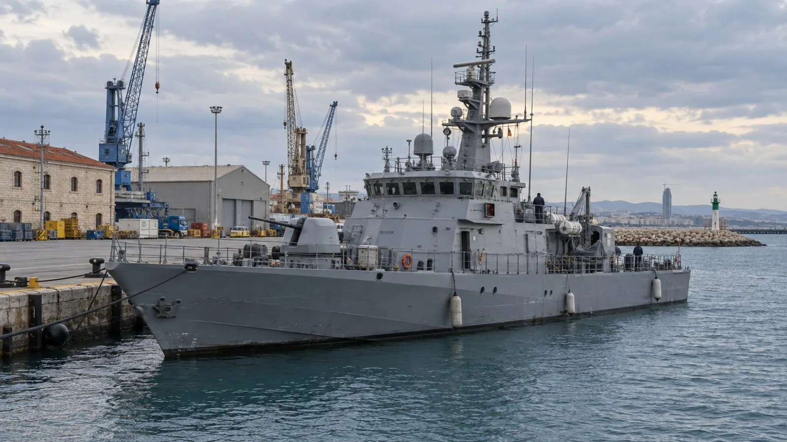 A patrol vessel sits alongside a quay at the port of Limassol, Cyprus. (AI-generated image / EconoTimes)