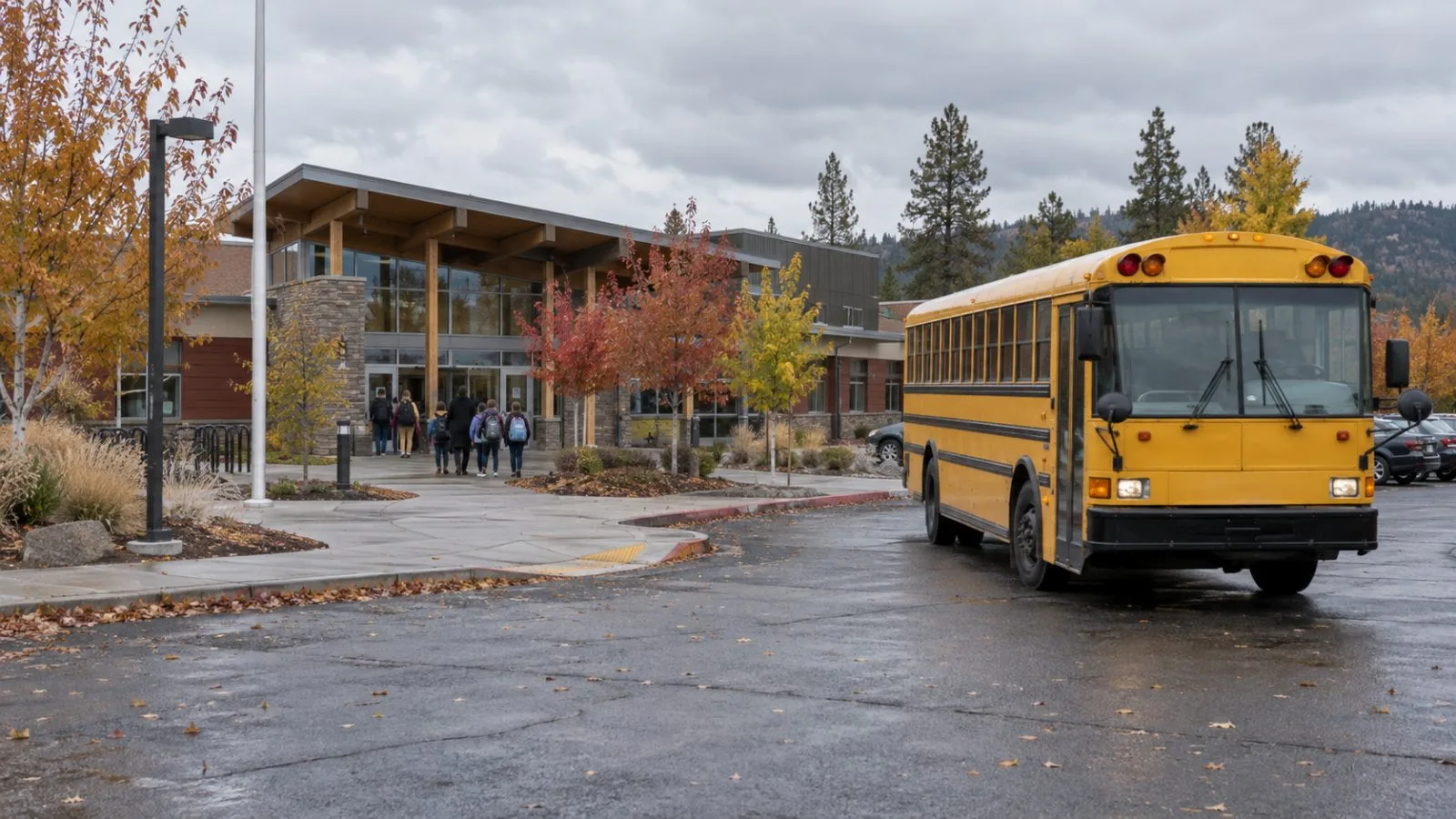 A school bus leaves Silver Rail Elementary School in Bend, Oregon. (AI-generated image / EconoTimes)
