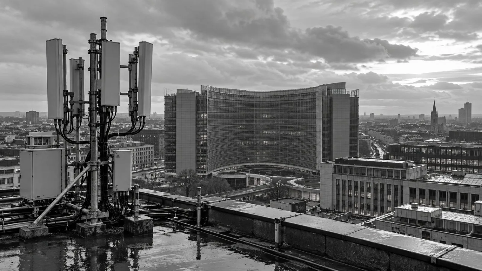 A telecommunications antenna array stands on a Brussels rooftop near the European Commission’s Berlaymont headquarters. (AI-generated image / EconoTimes)