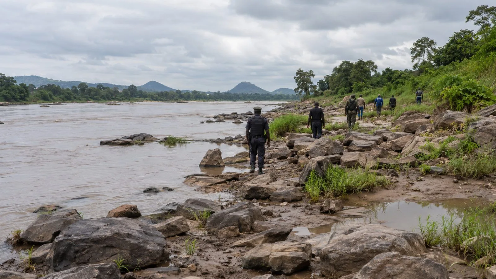 Searchers move along a riverbank outside Binnari in Taraba State, Nigeria (AI-generated image / EconoTimes)