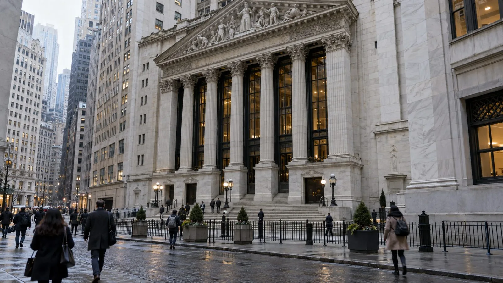 Pedestrians pass the New York Stock Exchange in late-afternoon light. (AI-generated image / EconoTimes)