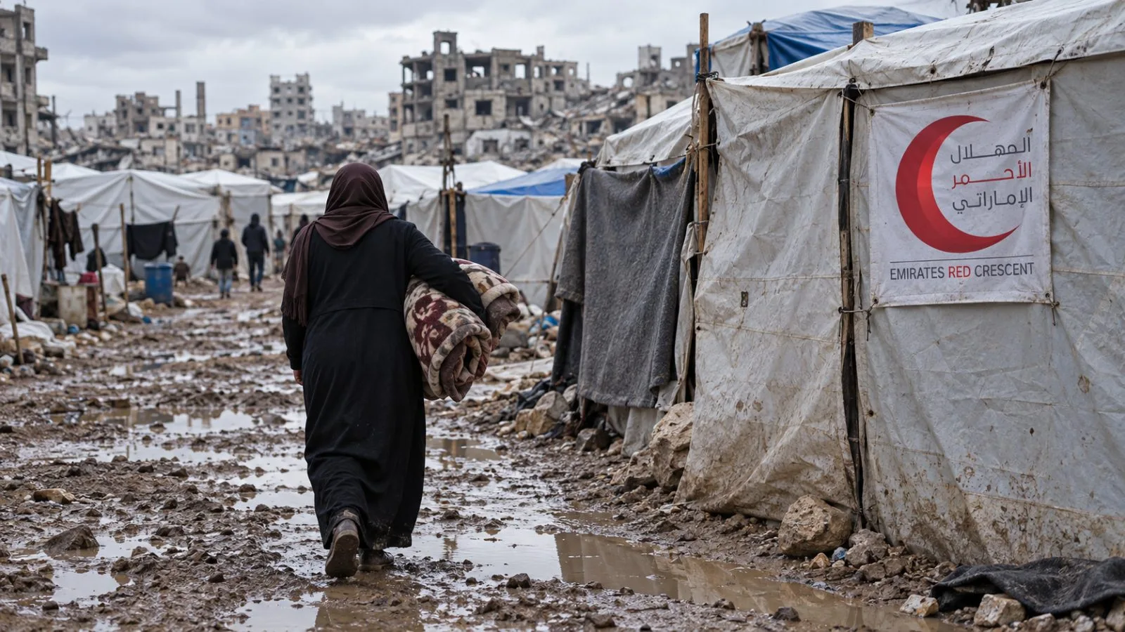 A resident carries a blanket past temporary shelters in Gaza City, Palestine. / EconoTimes.ai