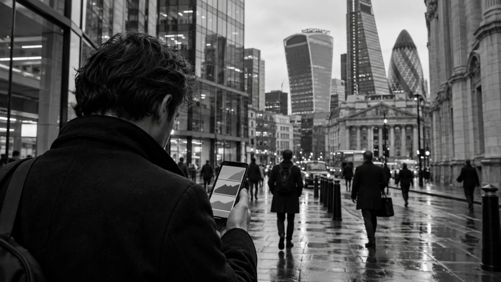 A passerby checks a phone on a City of London street in London. (AI-generated image / EconoTimes)