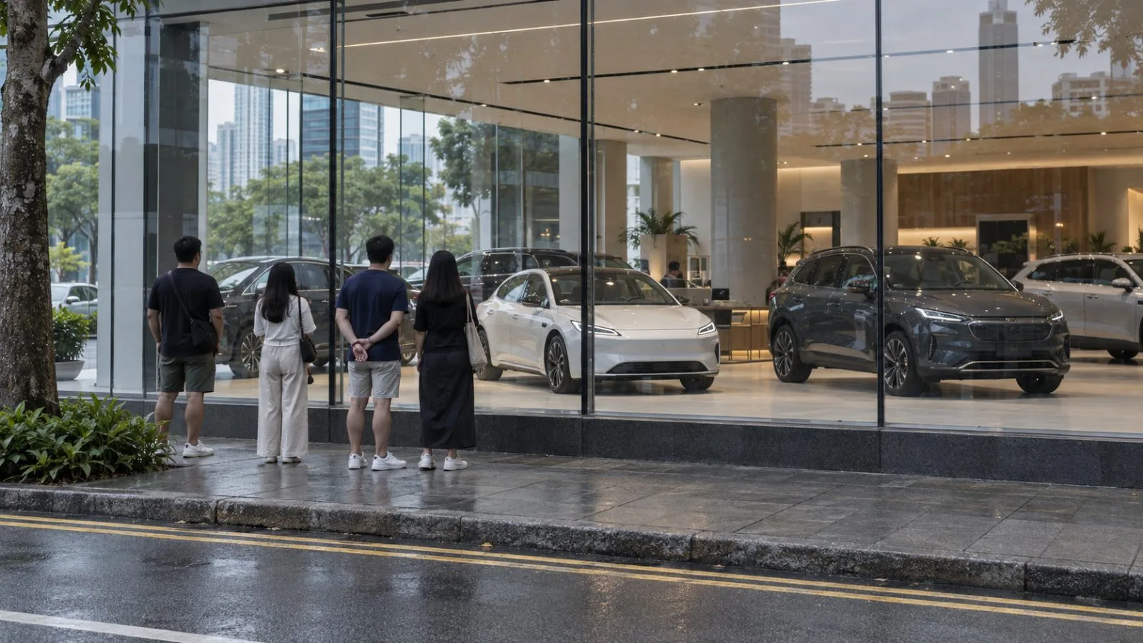 Prospective buyers view passenger cars through a showroom window in Singapore. (AI-generated image / EconoTimes)