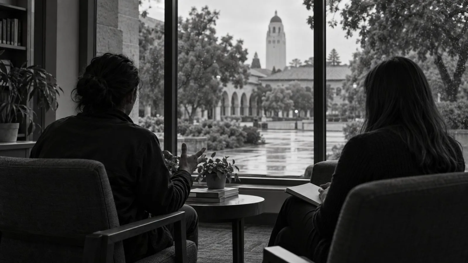 An anonymous worker describes job duties during a research interview at Stanford University in California. (AI-generated image / EconoTimes)