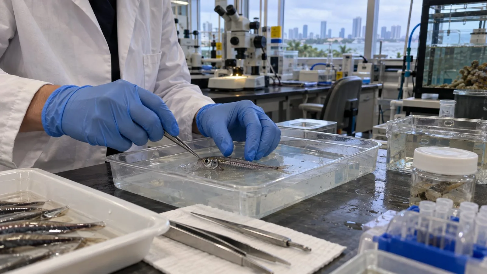 Gloved hands examine a lanternfish specimen in a Miami marine biology laboratory. (AI-generated image / EconoTimes)