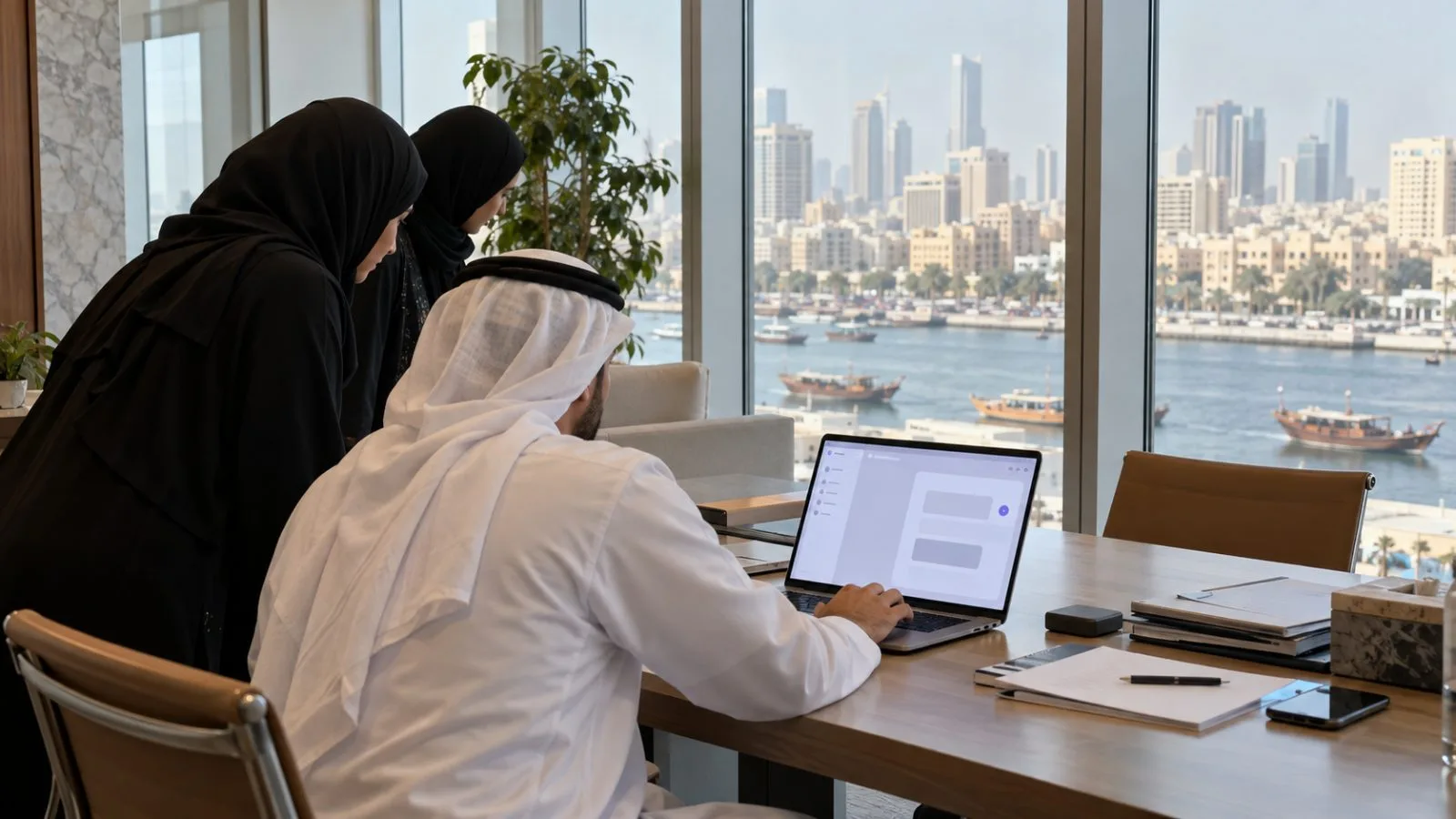 A business representative tests an AI service on a laptop at Dubai Chambers in Deira, Dubai. (AI-generated image / EconoTimes)