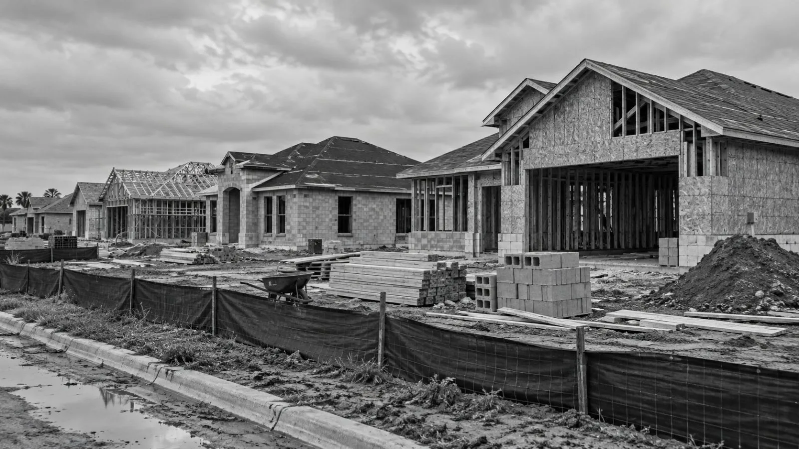 Temporary fencing surrounds unfinished homes at a residential construction site in McAllen, Texas. (AI-generated image / EconoTimes)