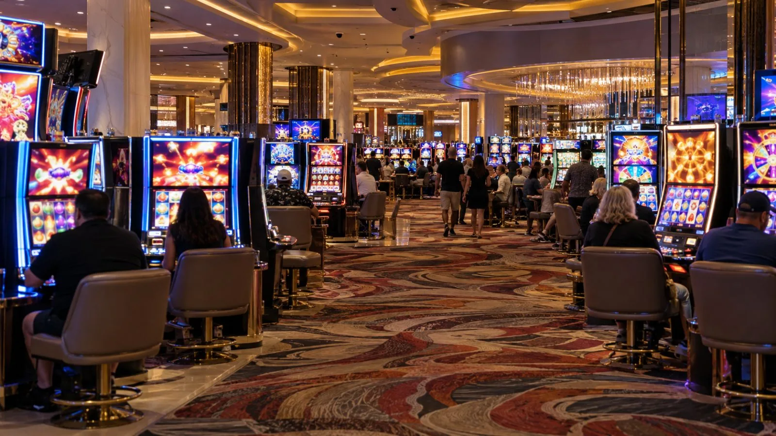 Patrons play slot machines on the casino floor along the Las Vegas Strip. (AI-generated image / EconoTimes)