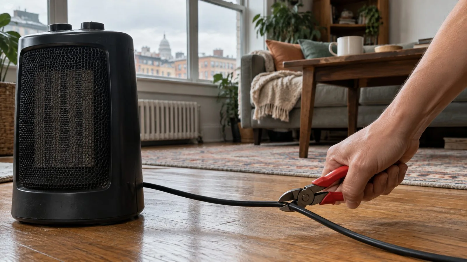 A ceramic heater sits beside its cut power cord in a Washington, D.C., apartment. (AI-generated image / EconoTimes)