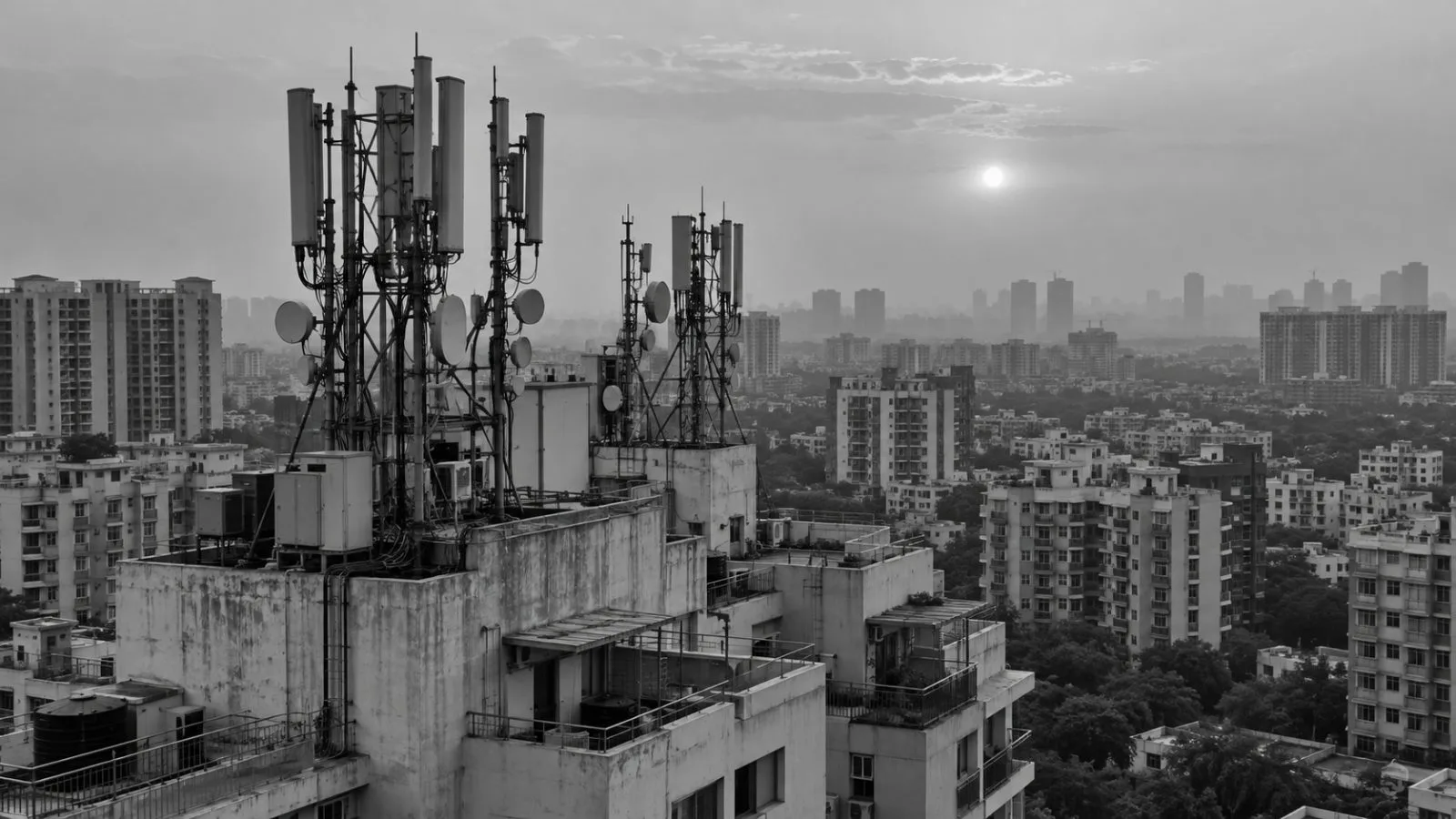 Cellular antennas rise above apartment buildings in Gurugram, Haryana, India. (AI-generated image / EconoTimes)
