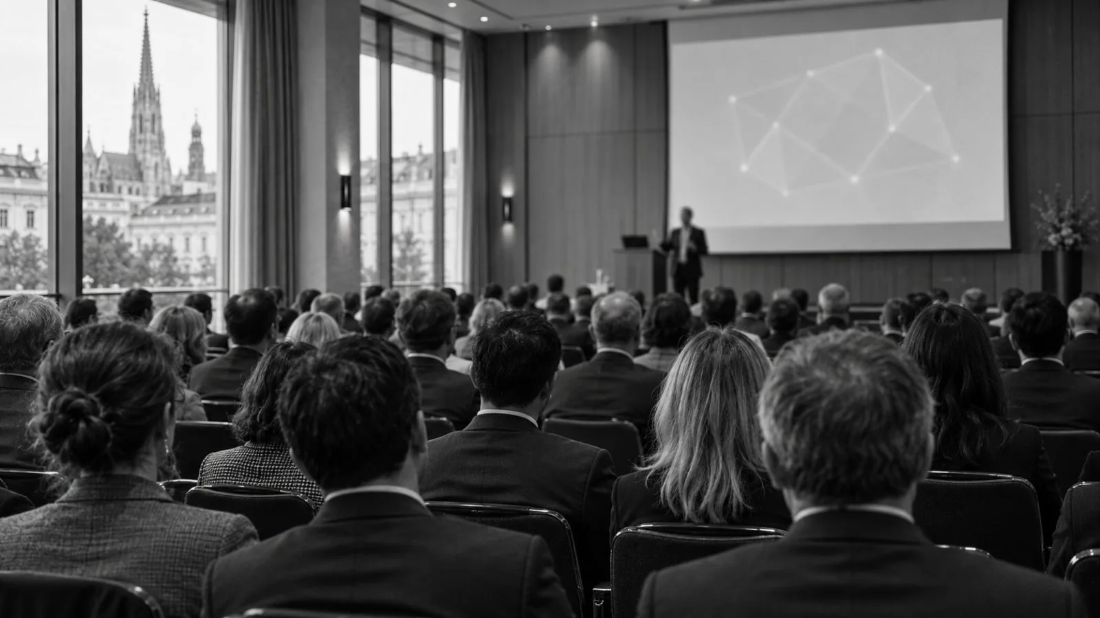 Conference attendees watch a telecommunications presentation in Vienna, Austria. / EconoTimes.ai