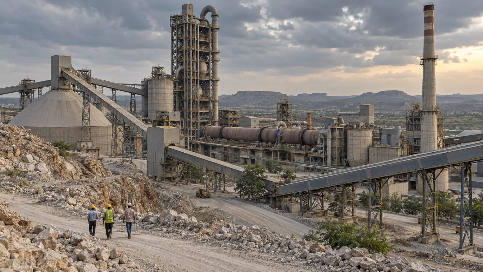 Kiln structures and conveyors stand at a cement plant in Petnikota, India. (AI-generated image / EconoTimes)