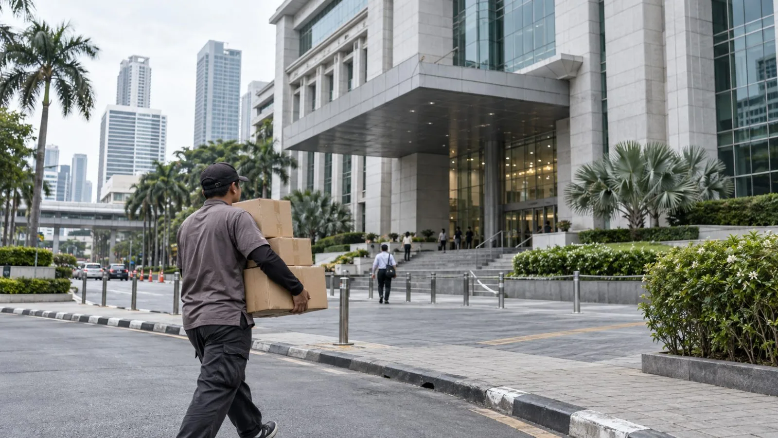 A parcel courier carries packages outside the Ministry of Digital Economy and Society in Bangkok (AI-generated image / EconoTimes)
