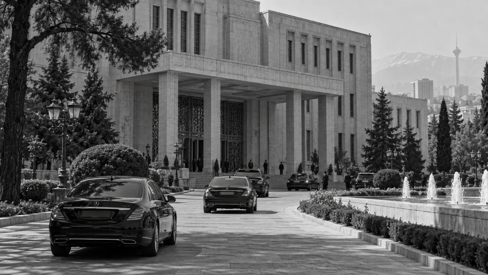 An unmarked diplomatic motorcade approaches Iran’s Foreign Ministry in Tehran (AI-generated image / EconoTimes)