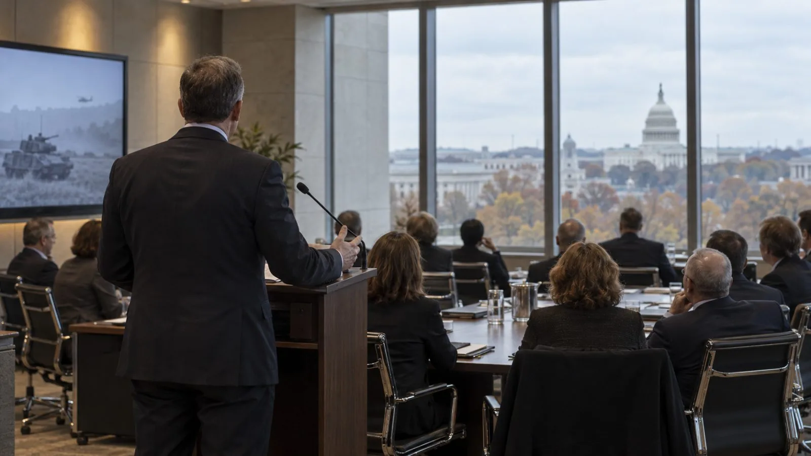 Attendees face a lectern during a defense policy event at CSIS in Washington, D.C. (AI-generated image / EconoTimes)