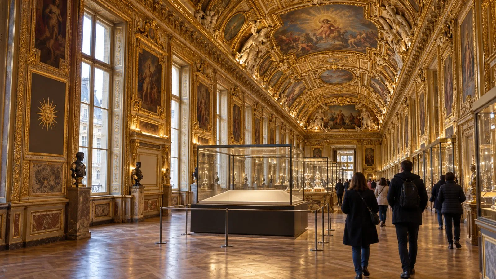 Visitors pass the cleared display area in the Galerie d’Apollon at the Louvre in Paris / EconoTimes.ai