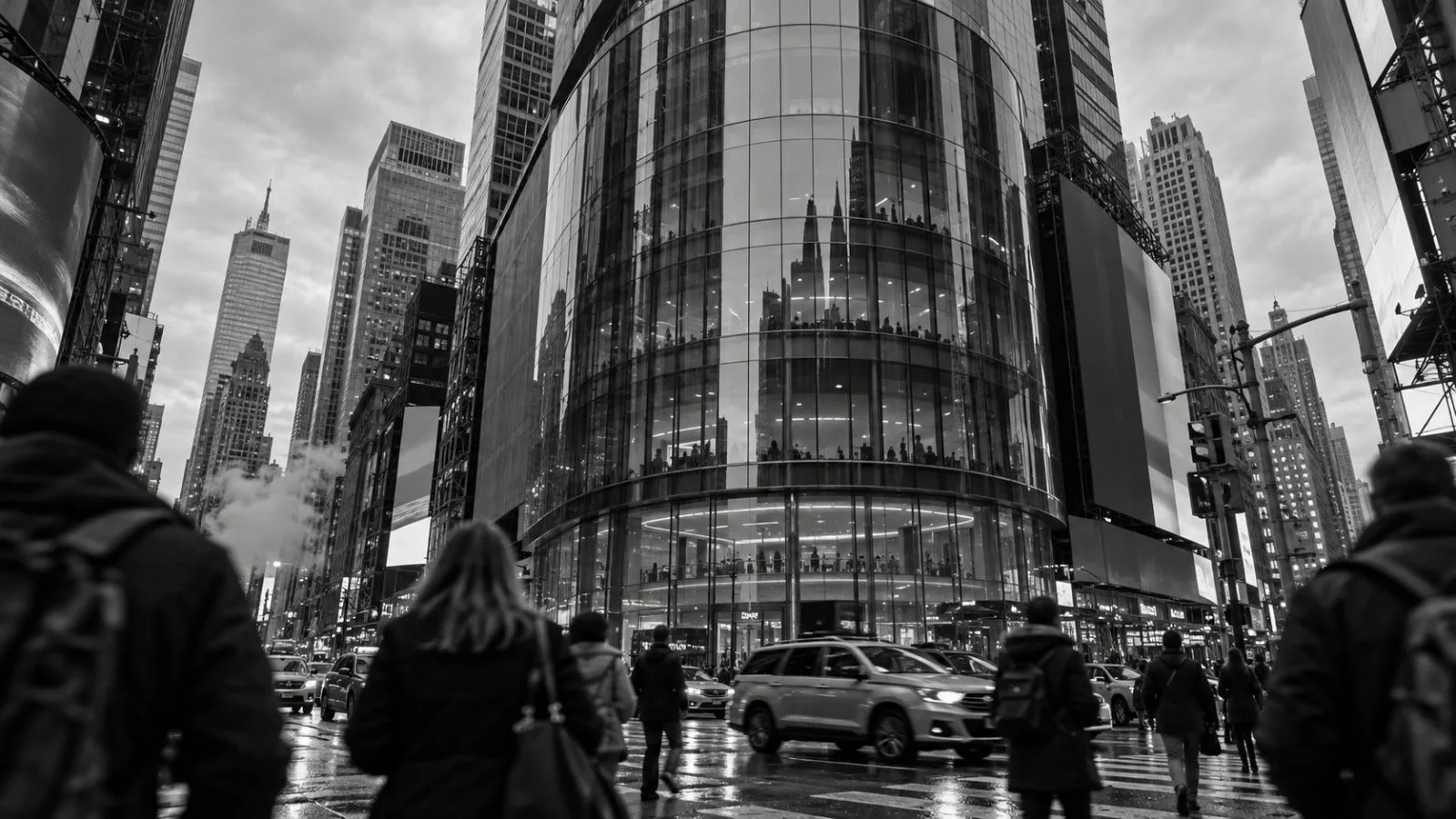 Pedestrians pass Nasdaq MarketSite in Times Square, New York, under an overcast afternoon sky. (AI-generated image / EconoTimes)