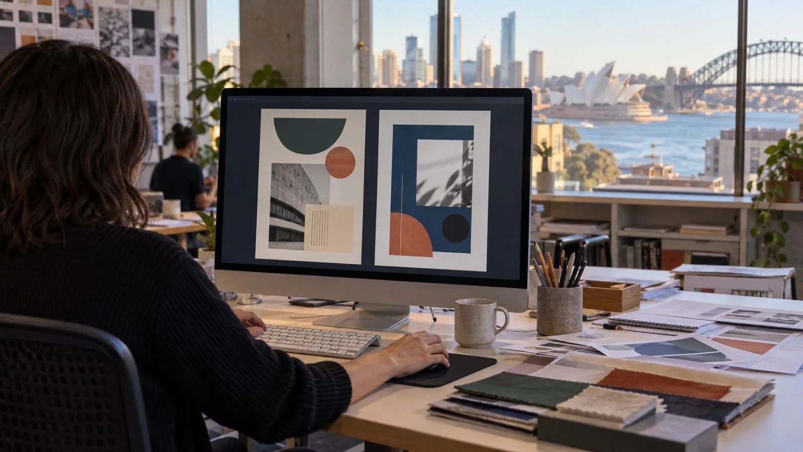 A designer reviews poster layouts on a screen at a studio in Sydney, Australia. (AI-generated image / EconoTimes)