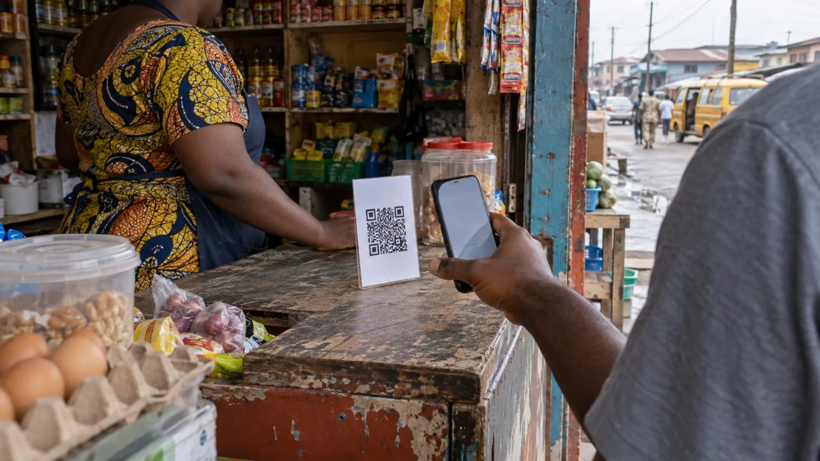 A customer makes a phone payment at a neighborhood shop in Lagos, Nigeria (AI-generated image / EconoTimes)