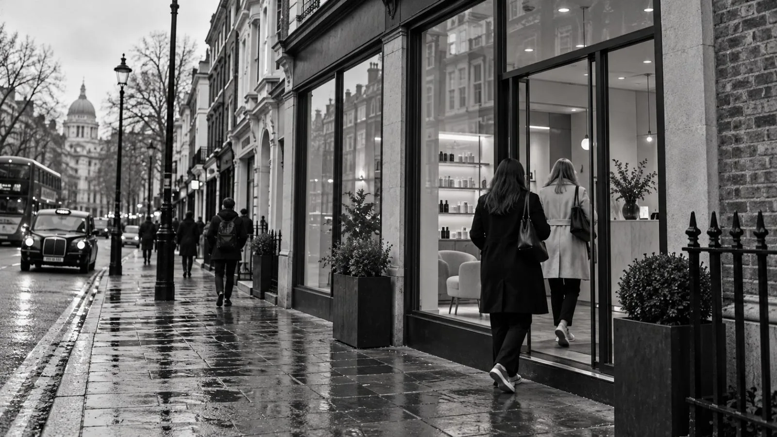 Visitors enter a cosmetic treatment clinic on a London high street. / EconoTimes.ai