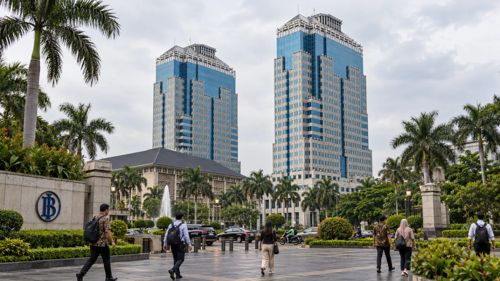 Pedestrians cross outside Bank Indonesia's headquarters in Jakarta under overcast skies. / EconoTimes.ai
