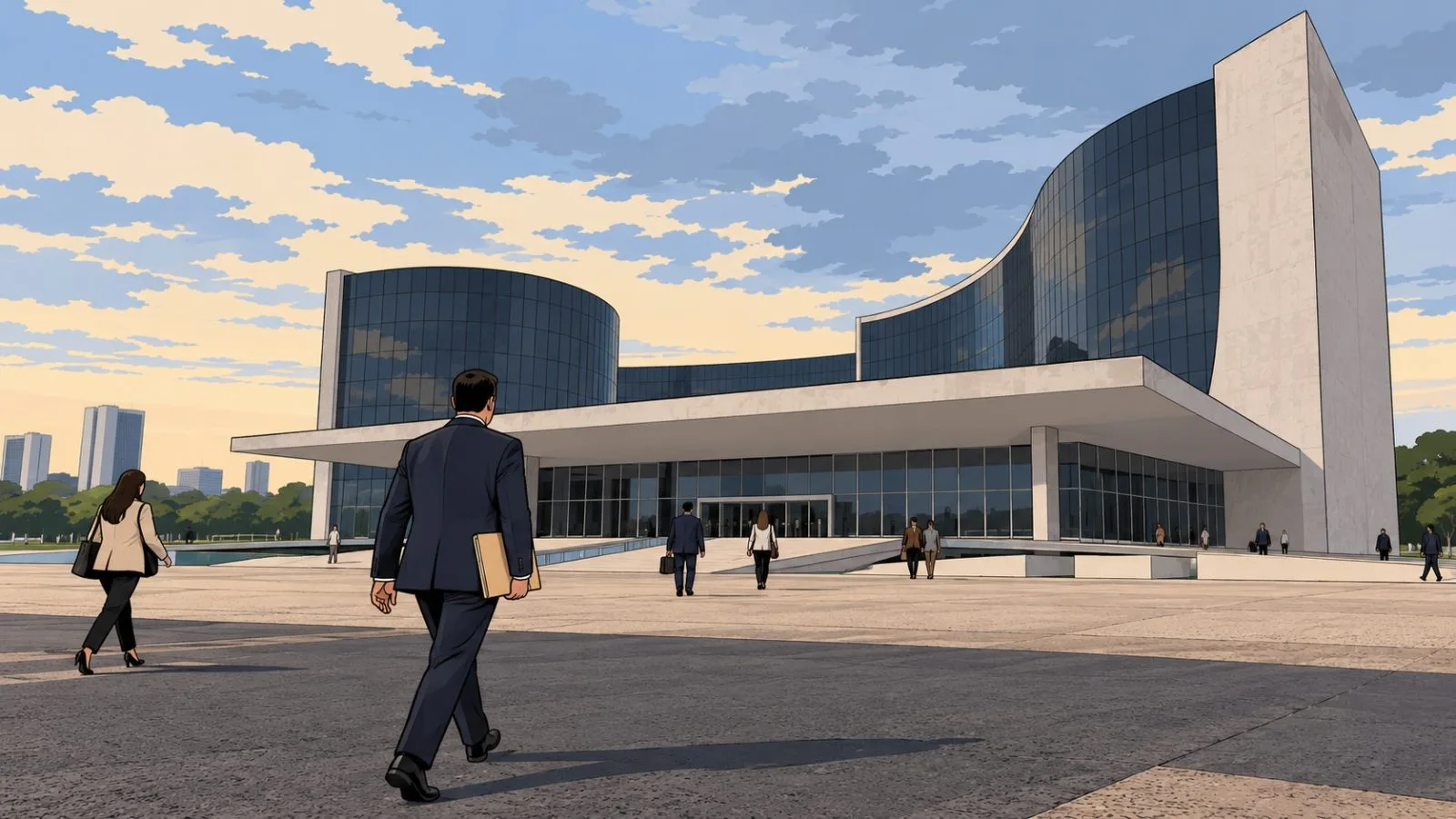 Pedestrians pass the Superior Electoral Court in Brasília, Brazil, beneath a cloudy afternoon sky. (AI-generated image / EconoTimes)