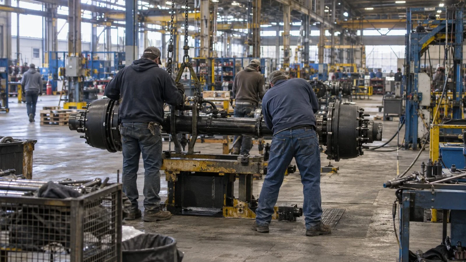Workers assemble trailer axles on the factory floor in Louisville, Kentucky. (AI-generated image / EconoTimes)