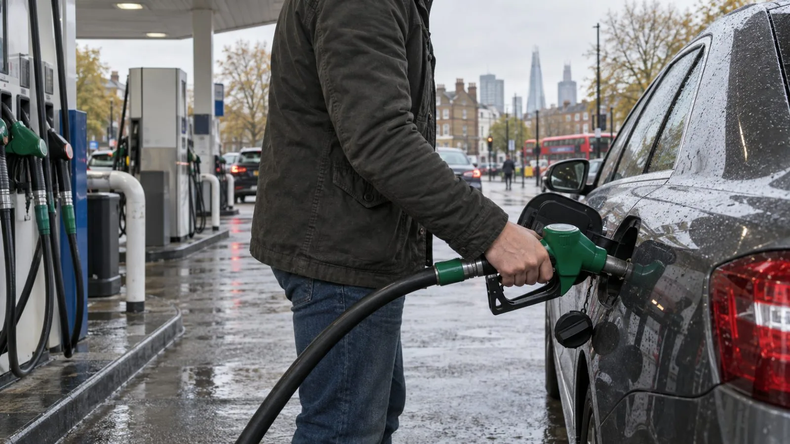 A motorist fills a car at a petrol station forecourt in London, England. (AI-generated image / EconoTimes)