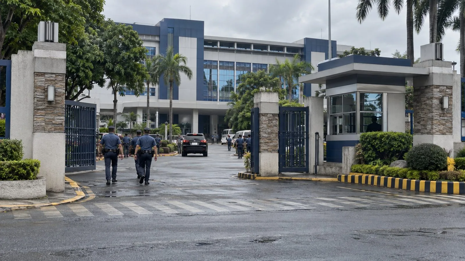 Officers enter Philippine National Police headquarters in Quezon City under overcast skies. (AI-generated image / EconoTimes)
