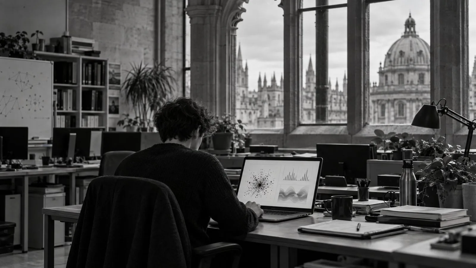 A researcher reviews a laptop in a University of Oxford computer science laboratory. (AI-generated image / EconoTimes)