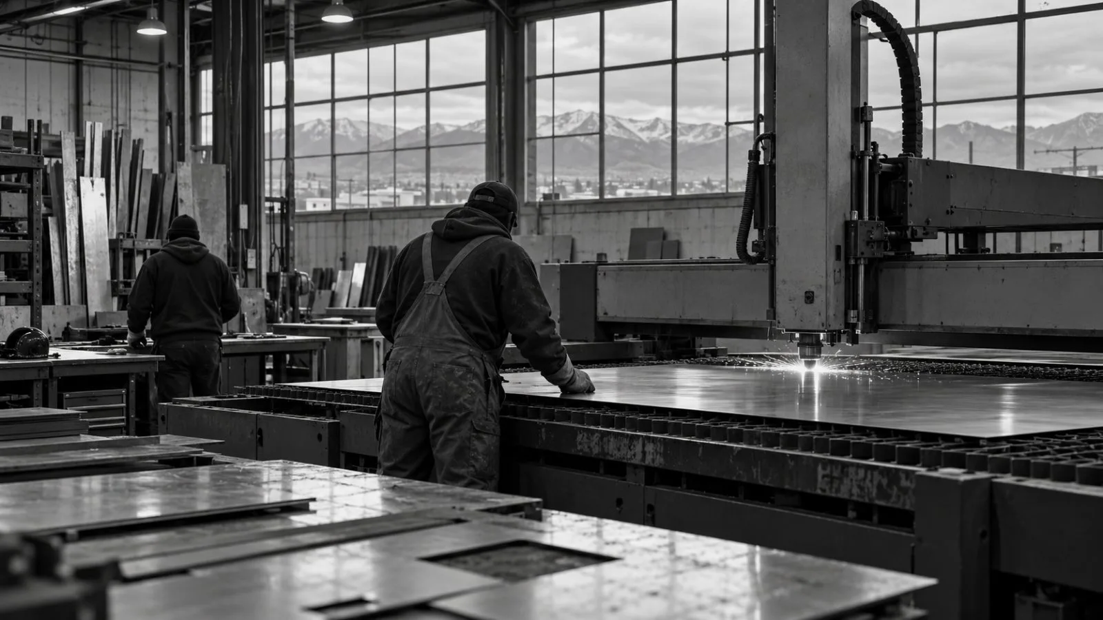 Workers tend a metal-cutting machine at a fabrication facility in Reno, Nevada. (AI-generated image / EconoTimes)