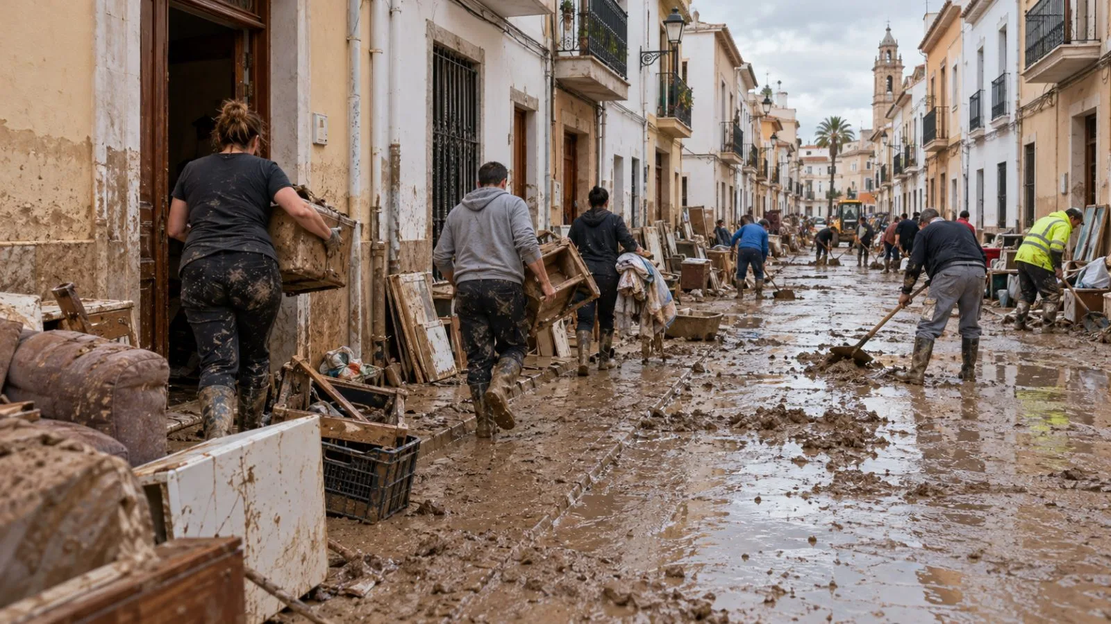 Residents carry flood-damaged belongings onto a muddy street in Oliva, Valencia, Spain. (AI-generated image / EconoTimes)