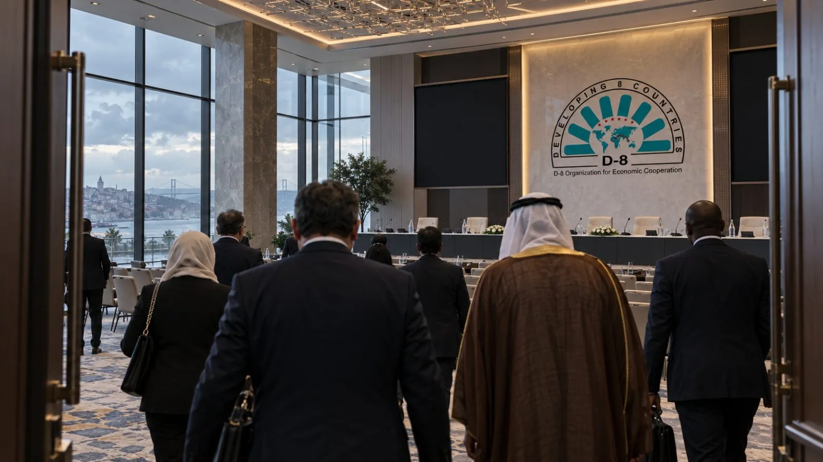 Delegates enter a conference hall at the Hilton Istanbul Bomonti in Istanbul. / EconoTimes.ai