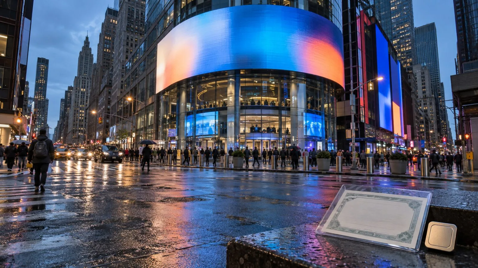 A share and token graphic overlays Nasdaq MarketSite in Times Square, New York, after rain at dusk. (AI-generated image / EconoTimes)