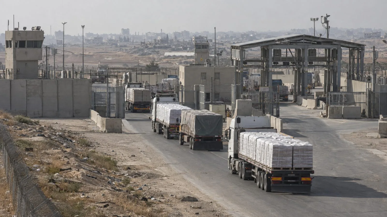 Aid trucks enter Gaza through the Erez crossing near Beit Hanoun. (AI-generated image / EconoTimes)