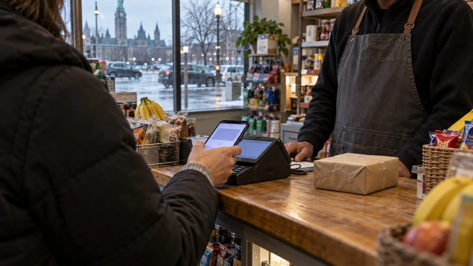 A shopper reviews a purchase on a phone at a neighborhood shop counter in Ottawa, Canada (AI-generated image / EconoTimes)