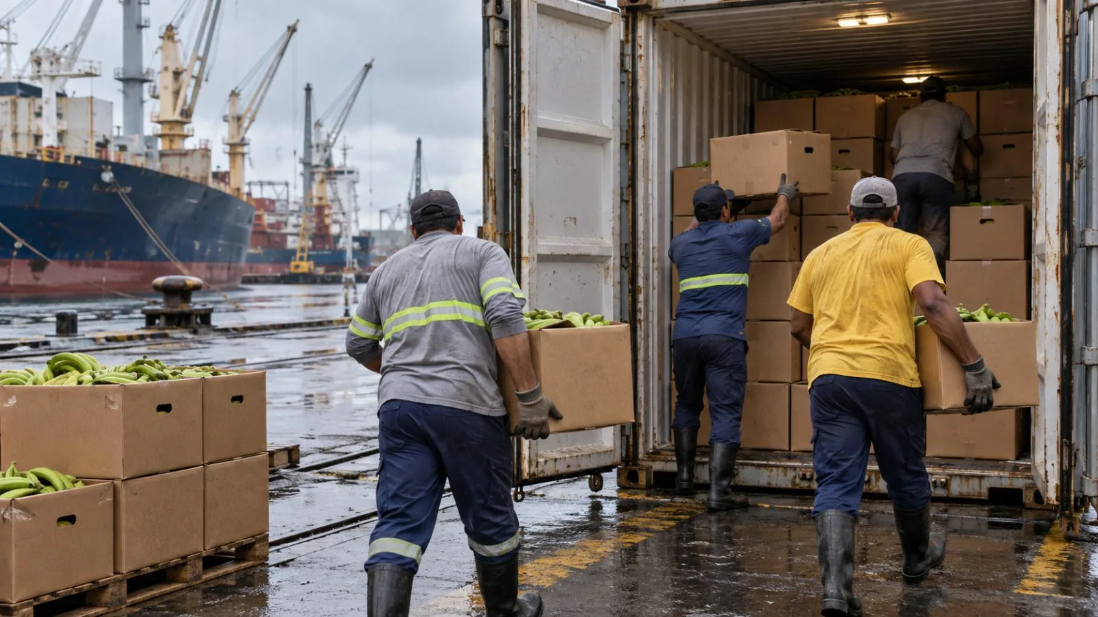 Workers load banana cartons into a refrigerated container at Guayaquil’s port, Ecuador. (AI-generated image / EconoTimes)