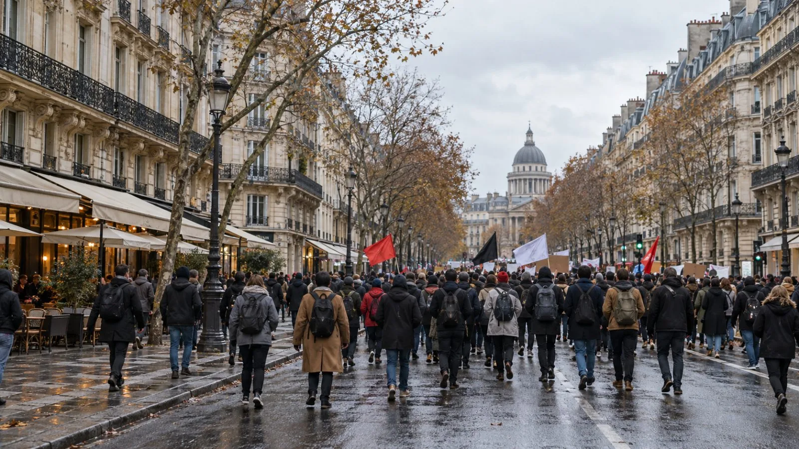 Dozens of demonstrators march along a Paris street during a small rally. (AI-generated image / EconoTimes)