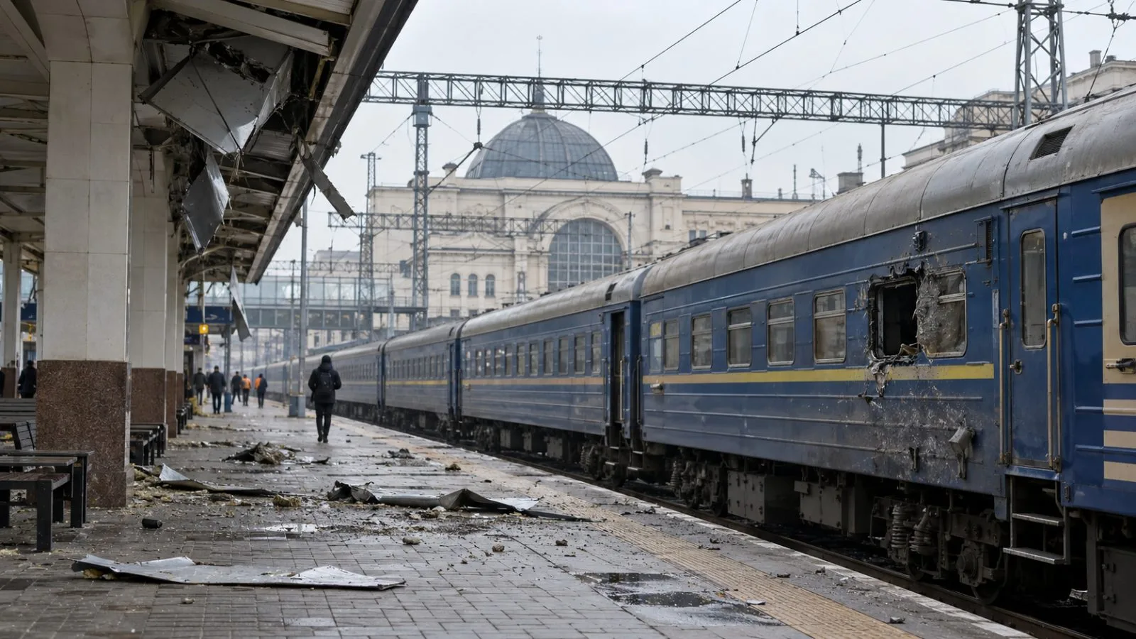 A passenger train stands beside the platform at Dnipro railway station, Ukraine (AI-generated image / EconoTimes)