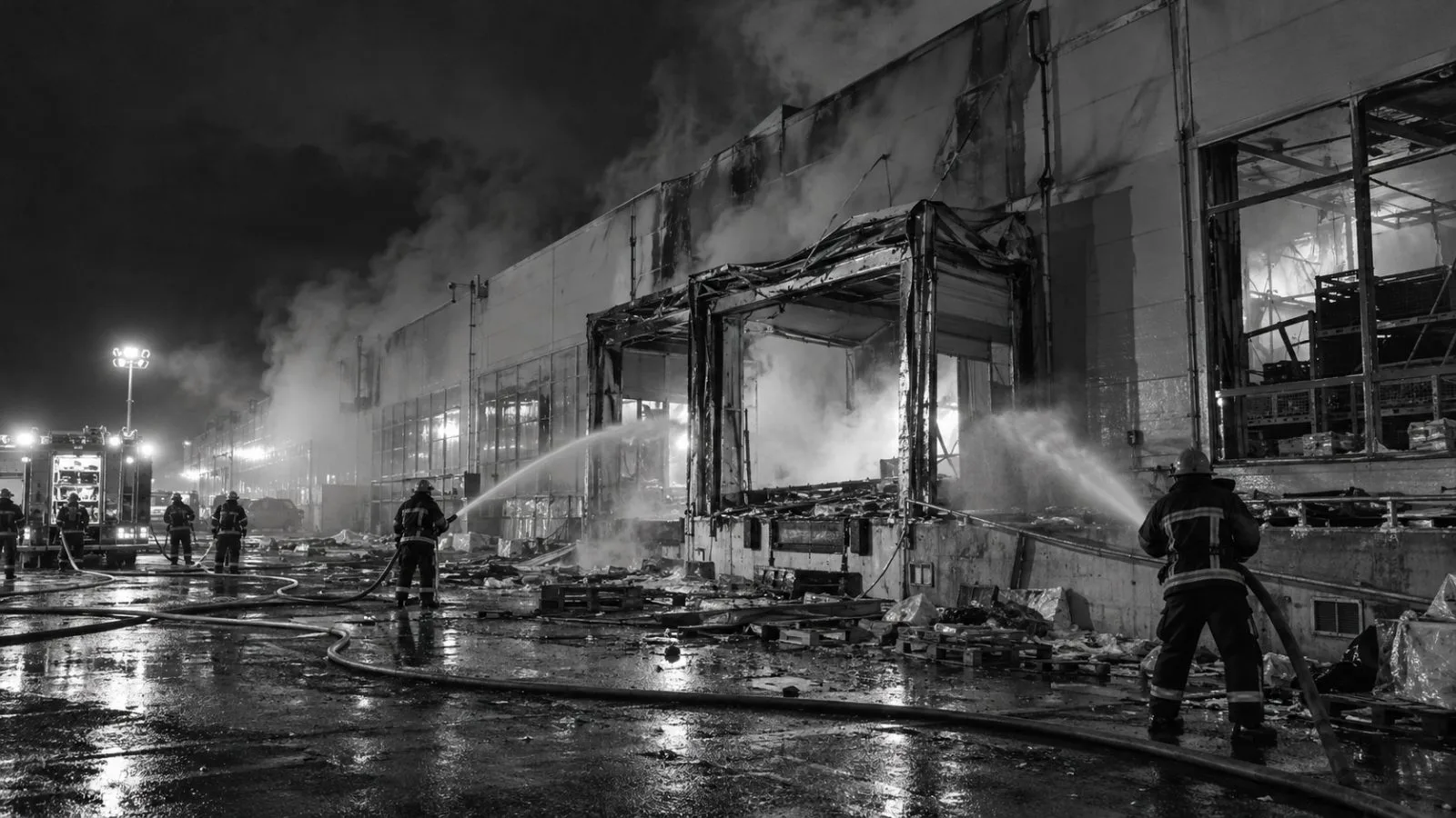 Firefighters work outside a damaged retail store in Poltava, Ukraine, at night (AI-generated image / EconoTimes)