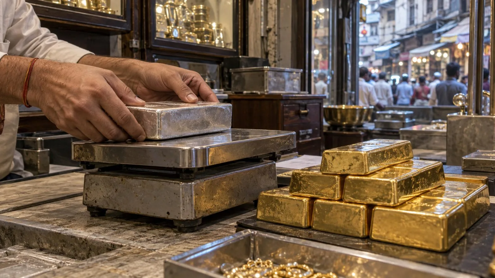 A dealer weighs a silver bar beside gold bullion in Mumbai's Zaveri Bazaar. (AI-generated image / EconoTimes)