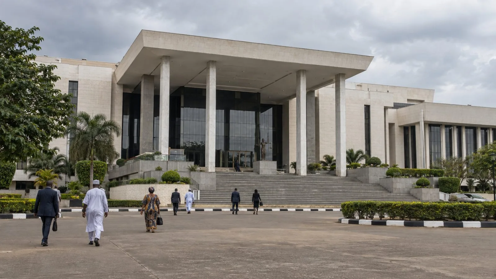 The Supreme Court of Nigeria stands above its forecourt in Abuja. (AI-generated image / EconoTimes)