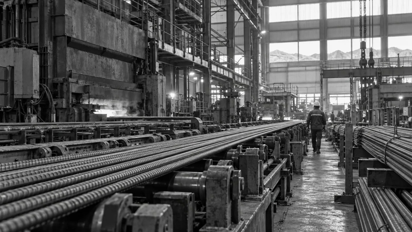 Steel reinforcing bars move along a production line at CMC’s mill in Mesa, Arizona. (AI-generated image / EconoTimes)