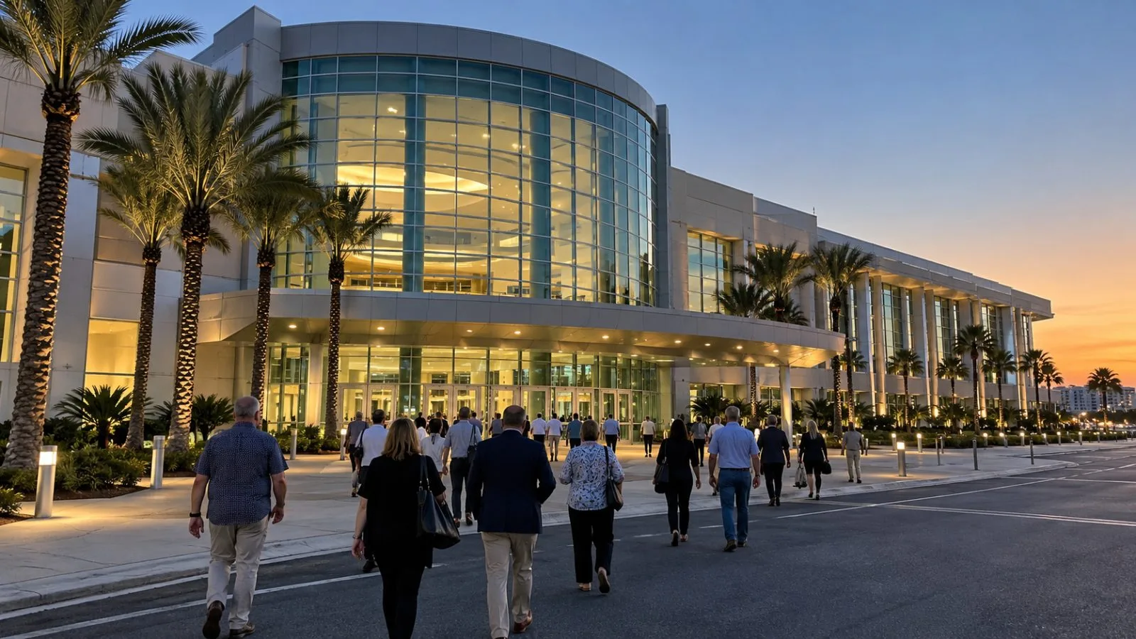 Attendees enter the Ocean Center for an evening rally in Daytona Beach, Florida. (AI-generated image / EconoTimes)