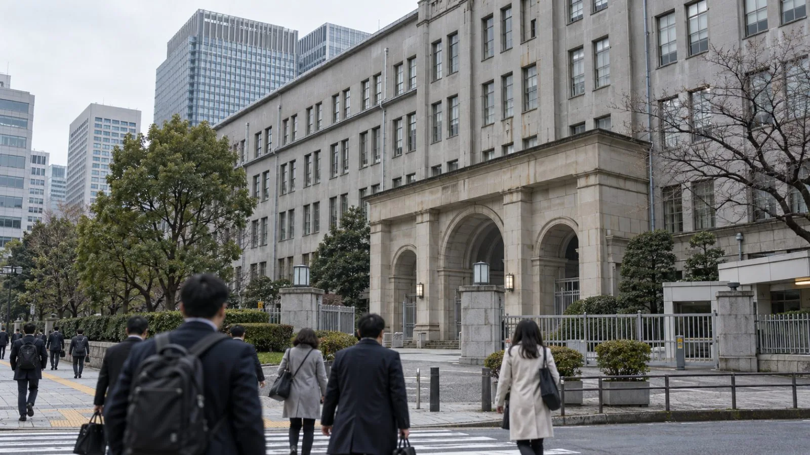 Commuters pass Japan’s Ministry of Finance building in Tokyo on an overcast morning. (AI-generated image / EconoTimes)