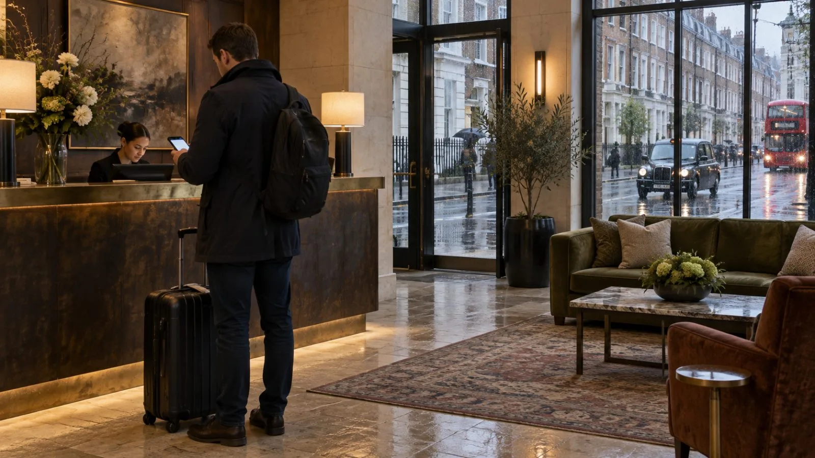 A traveler checks a phone in a hotel lobby in London, United Kingdom. / EconoTimes.ai