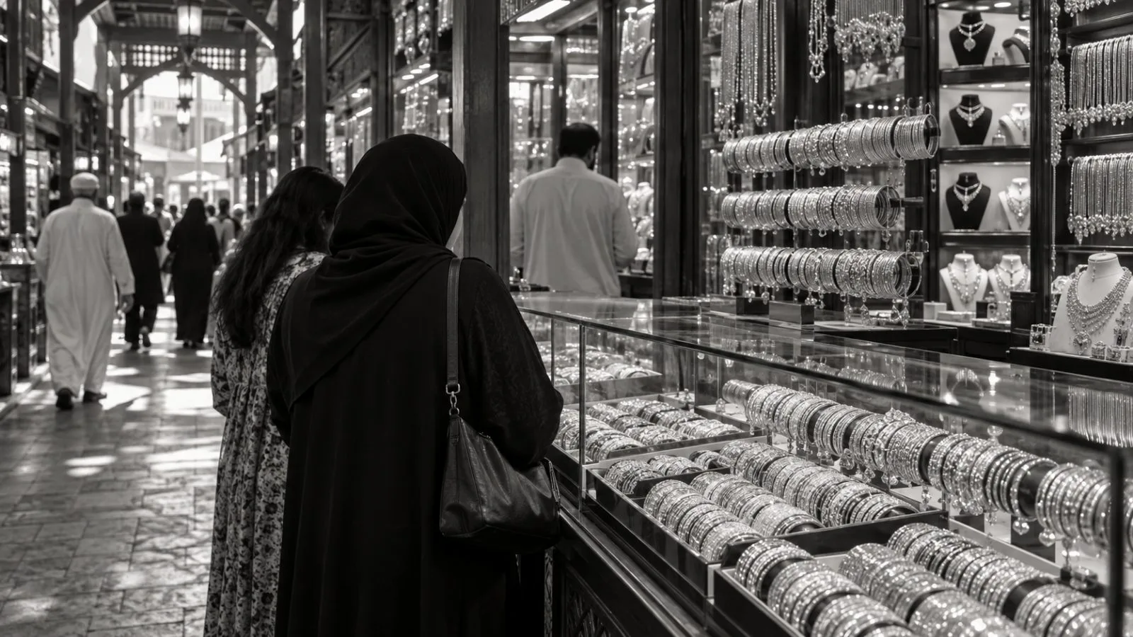 Gold bangles fill a jewellery shop window in Dubai’s Deira Gold Souk. (AI-generated image / EconoTimes)